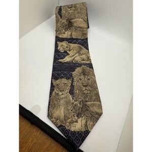 Vintage Endangered Species Silk Tie 59"x4" USA Lion Savanna Wildlife Jacquard